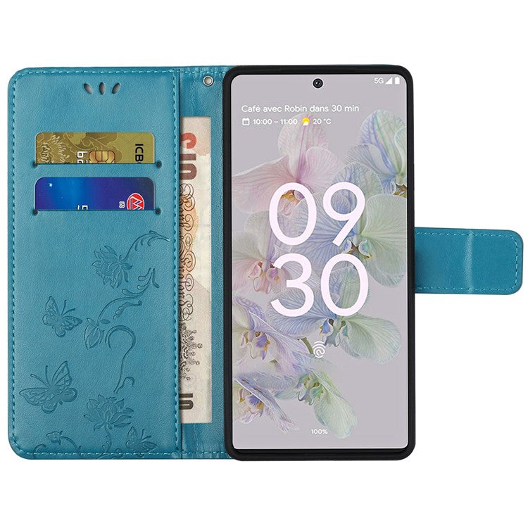 Anti-fall PU Leather Protective Phone Cover Imprinted Butterflies Flower Phone Case with Wallet Stand for Google Pixel 6a - Blue