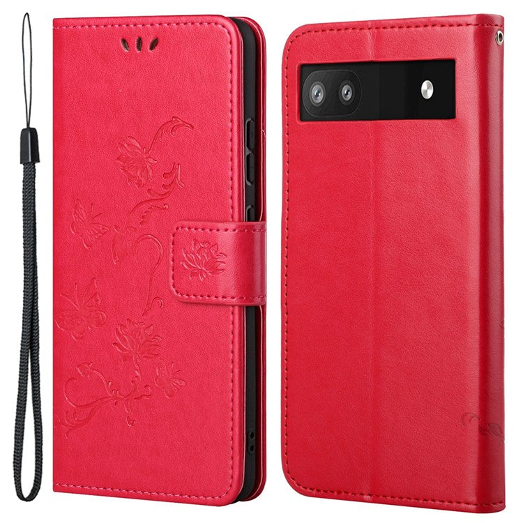 Anti-fall PU Leather Protective Phone Cover Imprinted Butterflies Flower Phone Case with Wallet Stand for Google Pixel 6a - Red