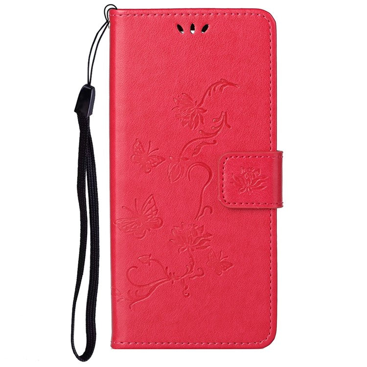 Anti-fall PU Leather Protective Phone Cover Imprinted Butterflies Flower Phone Case with Wallet Stand for Google Pixel 6a - Red