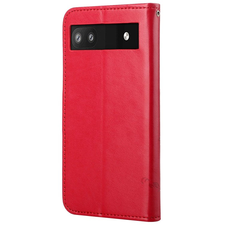 Anti-fall PU Leather Protective Phone Cover Imprinted Butterflies Flower Phone Case with Wallet Stand for Google Pixel 6a - Red