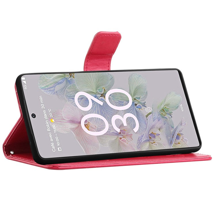 Anti-fall PU Leather Protective Phone Cover Imprinted Butterflies Flower Phone Case with Wallet Stand for Google Pixel 6a - Red