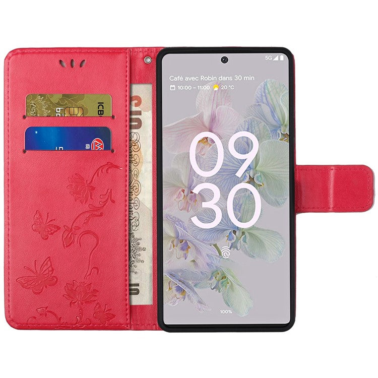 Anti-fall PU Leather Protective Phone Cover Imprinted Butterflies Flower Phone Case with Wallet Stand for Google Pixel 6a - Red