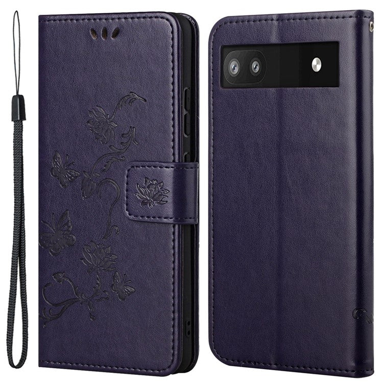 Anti-fall PU Leather Protective Phone Cover Imprinted Butterflies Flower Phone Case with Wallet Stand for Google Pixel 6a - Dark Blue