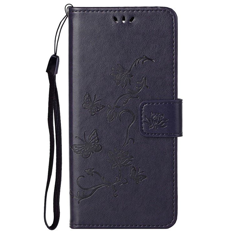 Anti-fall PU Leather Protective Phone Cover Imprinted Butterflies Flower Phone Case with Wallet Stand for Google Pixel 6a - Dark Blue
