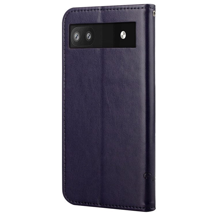 Anti-fall PU Leather Protective Phone Cover Imprinted Butterflies Flower Phone Case with Wallet Stand for Google Pixel 6a - Dark Blue