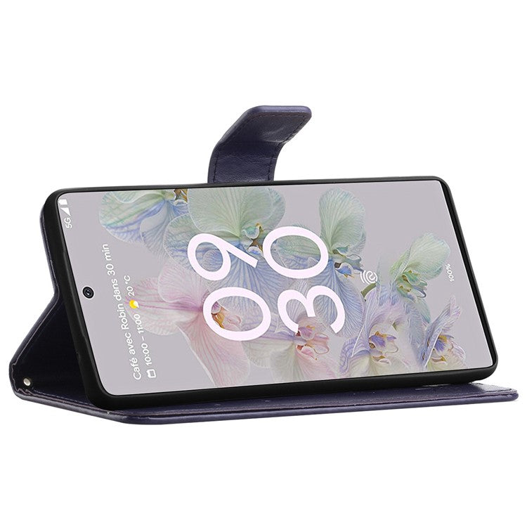 Anti-fall PU Leather Protective Phone Cover Imprinted Butterflies Flower Phone Case with Wallet Stand for Google Pixel 6a - Dark Blue