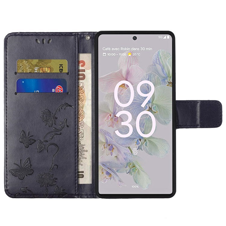 Anti-fall PU Leather Protective Phone Cover Imprinted Butterflies Flower Phone Case with Wallet Stand for Google Pixel 6a - Dark Blue