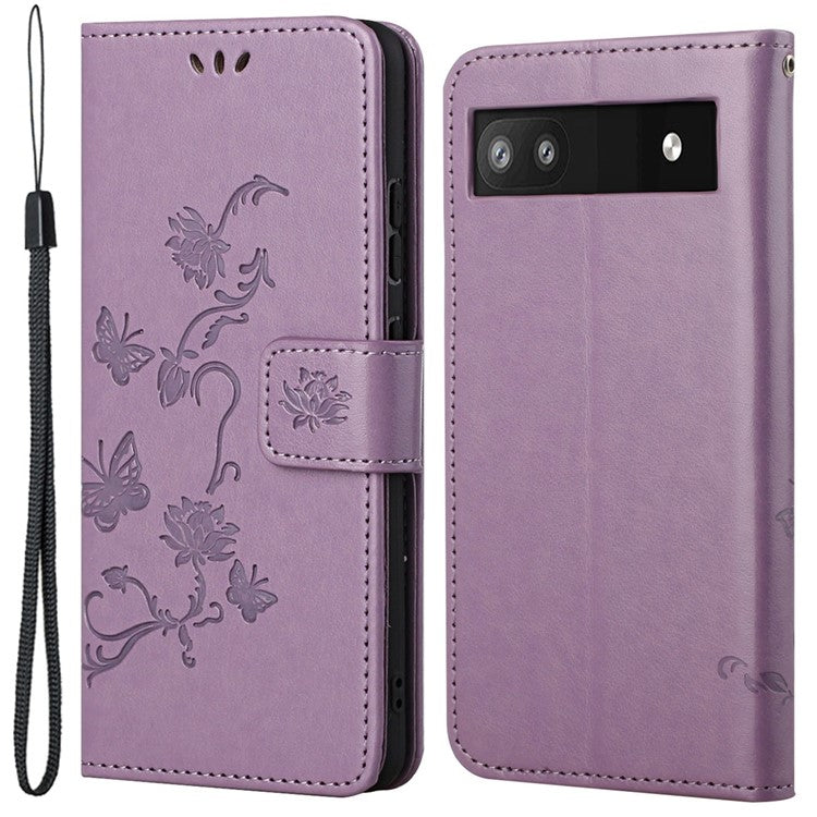 Anti-fall PU Leather Protective Phone Cover Imprinted Butterflies Flower Phone Case with Wallet Stand for Google Pixel 6a - Purple