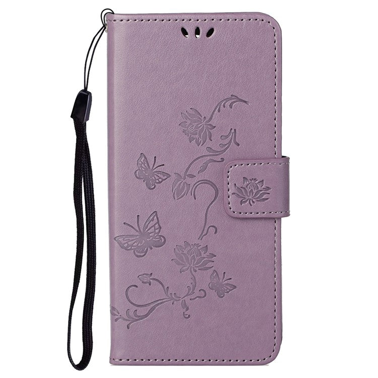 Anti-fall PU Leather Protective Phone Cover Imprinted Butterflies Flower Phone Case with Wallet Stand for Google Pixel 6a - Purple