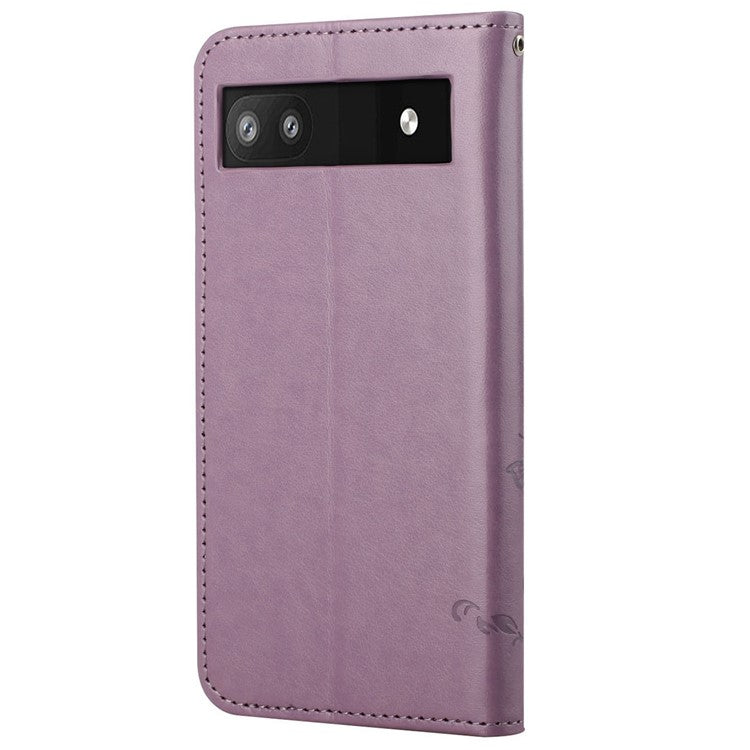 Anti-fall PU Leather Protective Phone Cover Imprinted Butterflies Flower Phone Case with Wallet Stand for Google Pixel 6a - Purple