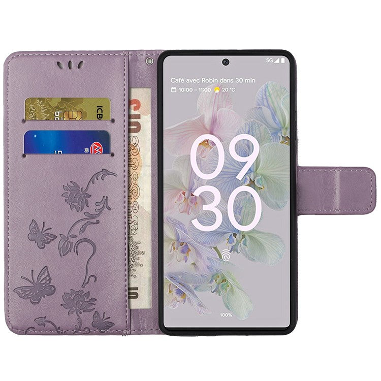 Anti-fall PU Leather Protective Phone Cover Imprinted Butterflies Flower Phone Case with Wallet Stand for Google Pixel 6a - Purple