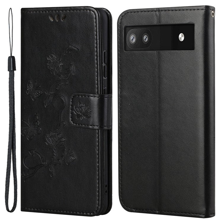 Anti-fall PU Leather Protective Phone Cover Imprinted Butterflies Flower Phone Case with Wallet Stand for Google Pixel 6a - Black