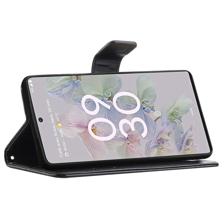 Anti-fall PU Leather Protective Phone Cover Imprinted Butterflies Flower Phone Case with Wallet Stand for Google Pixel 6a - Black
