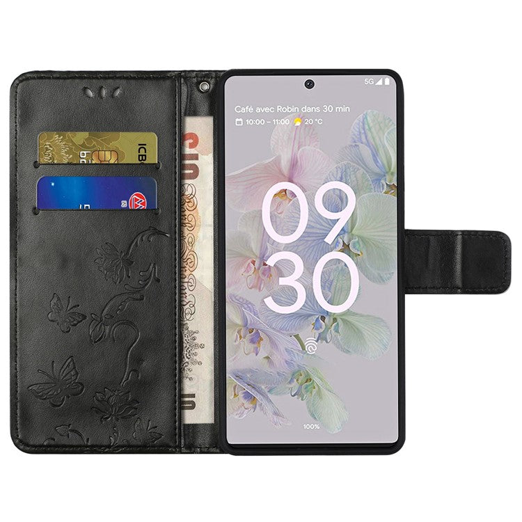 Anti-fall PU Leather Protective Phone Cover Imprinted Butterflies Flower Phone Case with Wallet Stand for Google Pixel 6a - Black