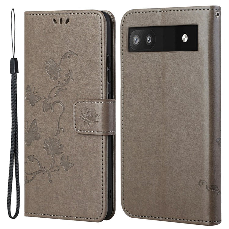 Anti-fall PU Leather Protective Phone Cover Imprinted Butterflies Flower Phone Case with Wallet Stand for Google Pixel 6a - Grey