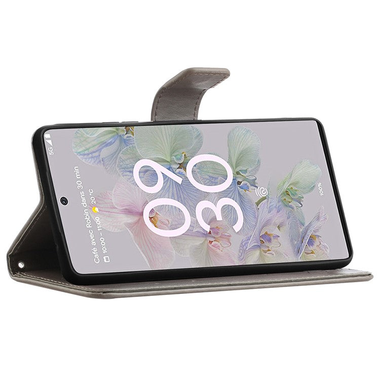 Anti-fall PU Leather Protective Phone Cover Imprinted Butterflies Flower Phone Case with Wallet Stand for Google Pixel 6a - Grey