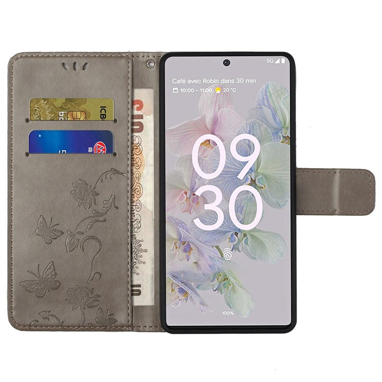 Anti-fall PU Leather Protective Phone Cover Imprinted Butterflies Flower Phone Case with Wallet Stand for Google Pixel 6a - Grey