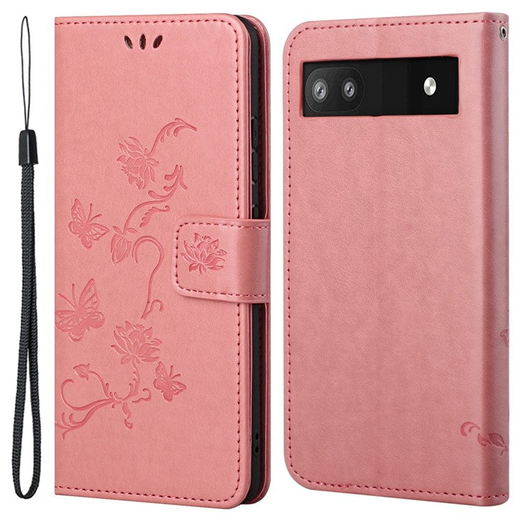 Anti-fall PU Leather Protective Phone Cover Imprinted Butterflies Flower Phone Case with Wallet Stand for Google Pixel 6a - Pink