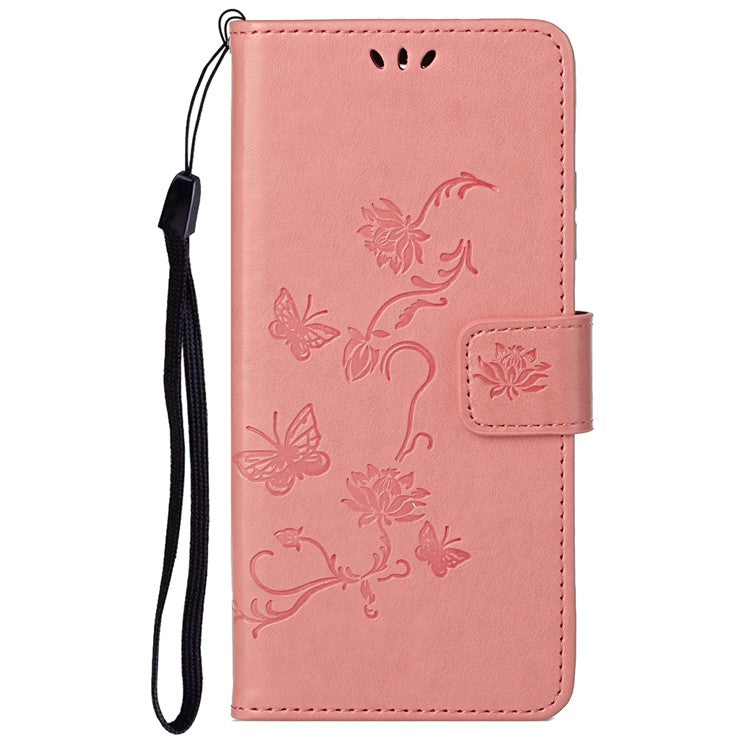 Anti-fall PU Leather Protective Phone Cover Imprinted Butterflies Flower Phone Case with Wallet Stand for Google Pixel 6a - Pink