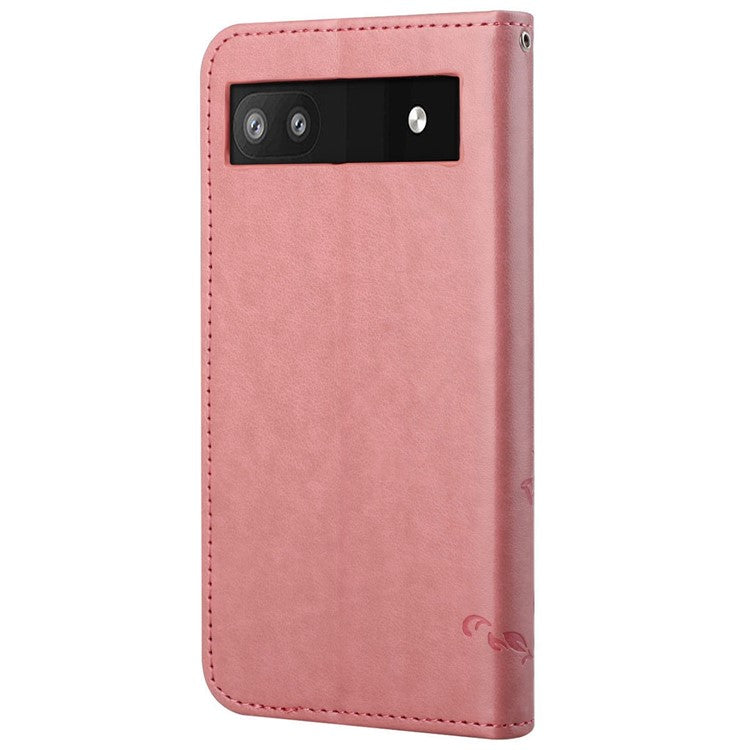 Anti-fall PU Leather Protective Phone Cover Imprinted Butterflies Flower Phone Case with Wallet Stand for Google Pixel 6a - Pink