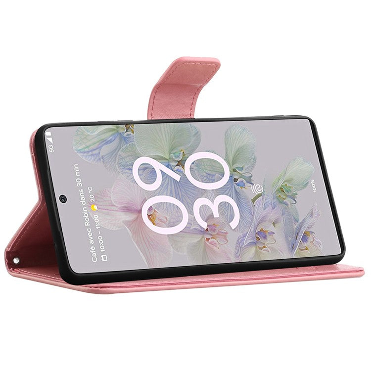 Anti-fall PU Leather Protective Phone Cover Imprinted Butterflies Flower Phone Case with Wallet Stand for Google Pixel 6a - Pink