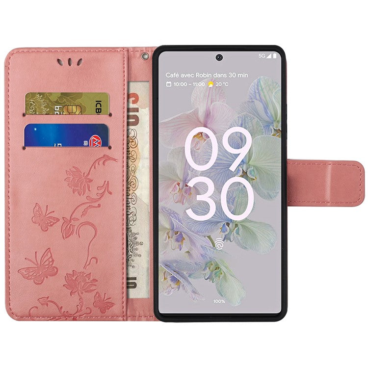 Anti-fall PU Leather Protective Phone Cover Imprinted Butterflies Flower Phone Case with Wallet Stand for Google Pixel 6a - Pink
