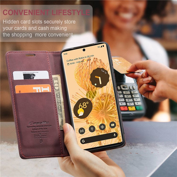 CASEME 013 Series Compatible for Google Pixel 6 Pro Mobile Phone Case Wallet Anti-Drop Magnetic Auto-absorbed PU Leather Flip Phone Cover - Red
