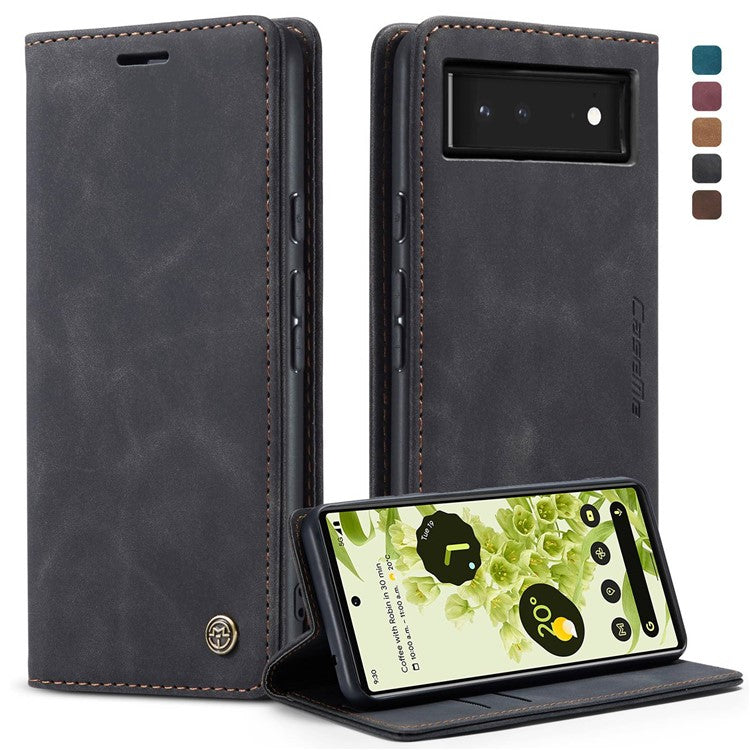 CASEME 013 Series Wallet Stand Design Lightweight Auto-absorbed PU Leather Flip Folio Phone Case for Google Pixel 6 - Black