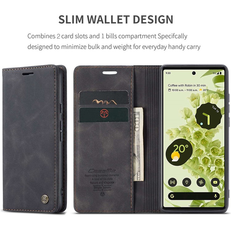 CASEME 013 Series Wallet Stand Design Lightweight Auto-absorbed PU Leather Flip Folio Phone Case for Google Pixel 6 - Black