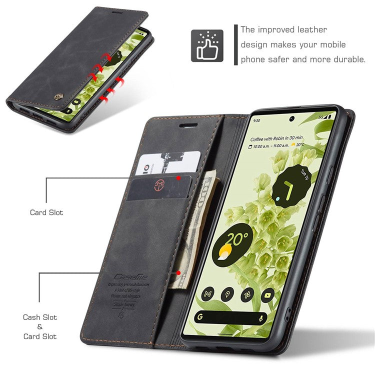 CASEME 013 Series Wallet Stand Design Lightweight Auto-absorbed PU Leather Flip Folio Phone Case for Google Pixel 6 - Black
