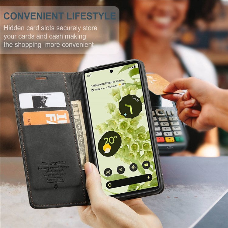 CASEME 013 Series Wallet Stand Design Lightweight Auto-absorbed PU Leather Flip Folio Phone Case for Google Pixel 6 - Black