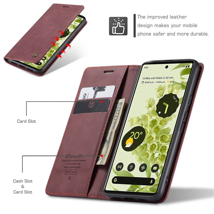 CASEME 013 Series Wallet Stand Design Lightweight Auto-absorbed PU Leather Flip Folio Phone Case for Google Pixel 6 - Red
