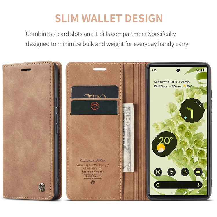 CASEME 013 Series Wallet Stand Design Lightweight Auto-absorbed PU Leather Flip Folio Phone Case for Google Pixel 6 - Brown