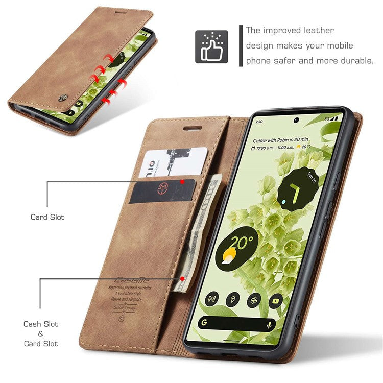 CASEME 013 Series Wallet Stand Design Lightweight Auto-absorbed PU Leather Flip Folio Phone Case for Google Pixel 6 - Brown