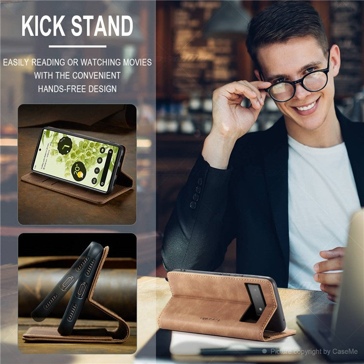 CASEME 013 Series Wallet Stand Design Lightweight Auto-absorbed PU Leather Flip Folio Phone Case for Google Pixel 6 - Brown