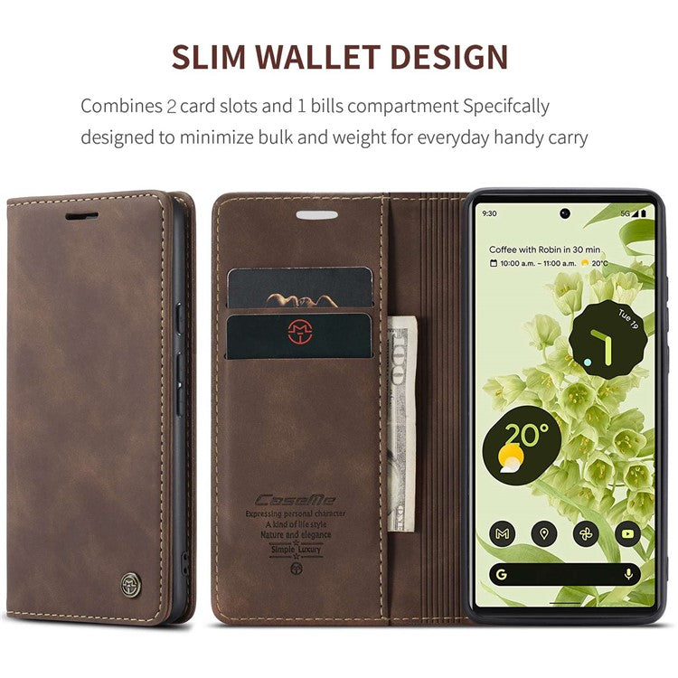 CASEME 013 Series Wallet Stand Design Lightweight Auto-absorbed PU Leather Flip Folio Phone Case for Google Pixel 6 - Coffee
