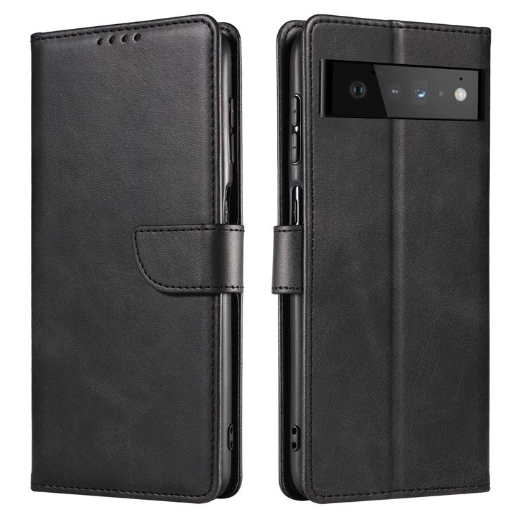Folio Flip Magnetic Clasp Textured PU Leather + Soft TPU Phone Cover Case for Google Pixel 6 Pro - Black