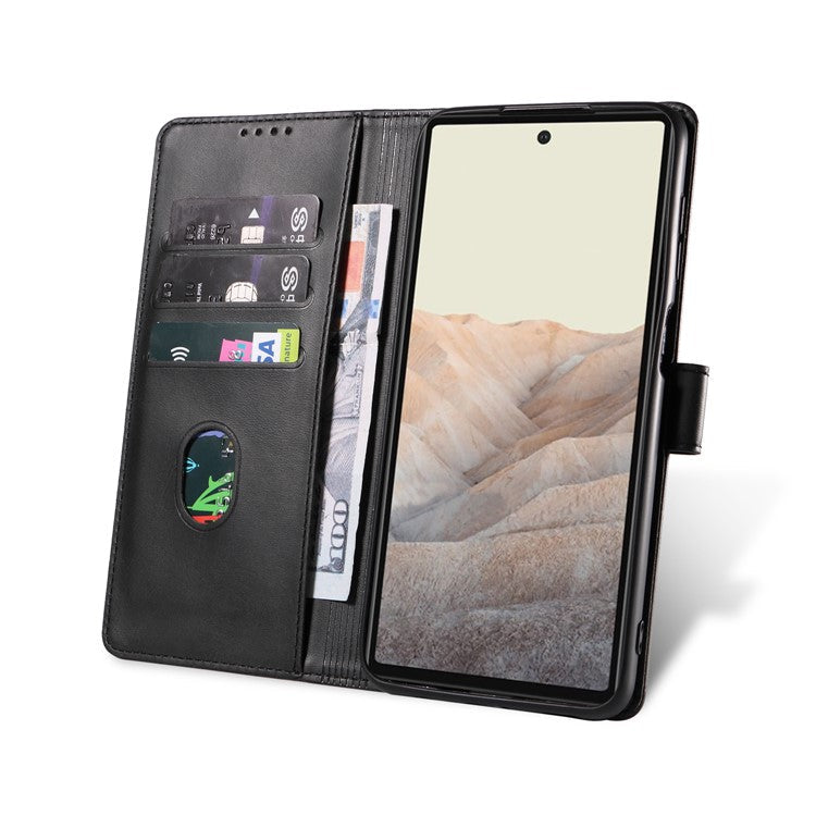 Folio Flip Magnetic Clasp Textured PU Leather + Soft TPU Phone Cover Case for Google Pixel 6 Pro - Black