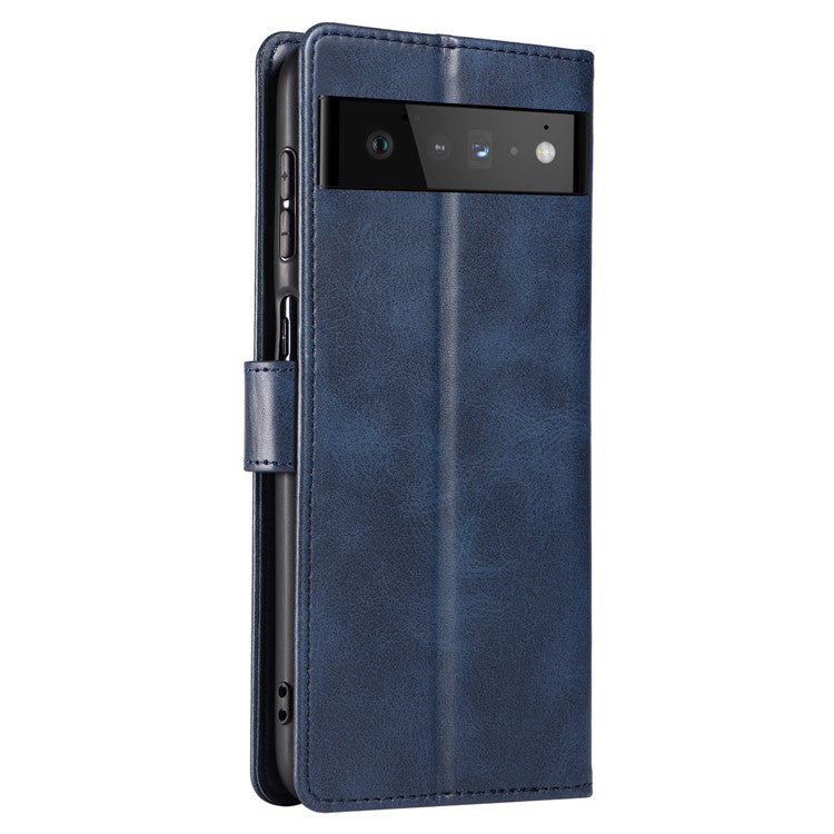 Folio Flip Magnetic Clasp Textured PU Leather + Soft TPU Phone Cover Case for Google Pixel 6 Pro - Blue