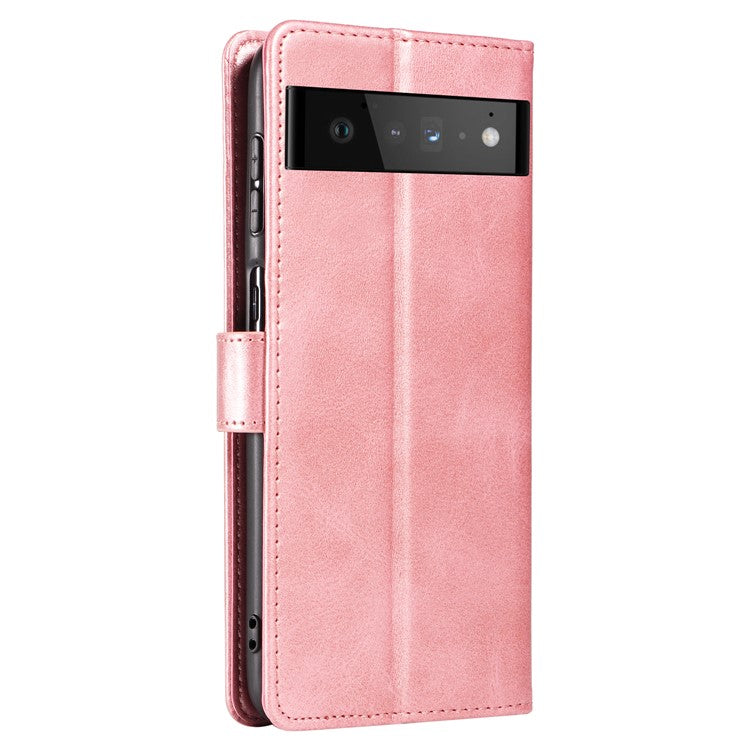 Folio Flip Magnetic Clasp Textured PU Leather + Soft TPU Phone Cover Case for Google Pixel 6 Pro - Rose Gold