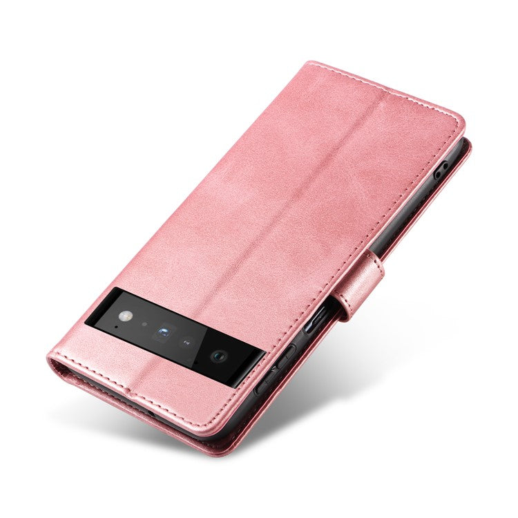 Folio Flip Magnetic Clasp Textured PU Leather + Soft TPU Phone Cover Case for Google Pixel 6 Pro - Rose Gold