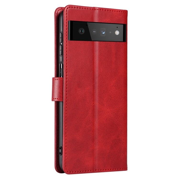 Folio Flip Magnetic Clasp Textured PU Leather + Soft TPU Phone Cover Case for Google Pixel 6 Pro - Red