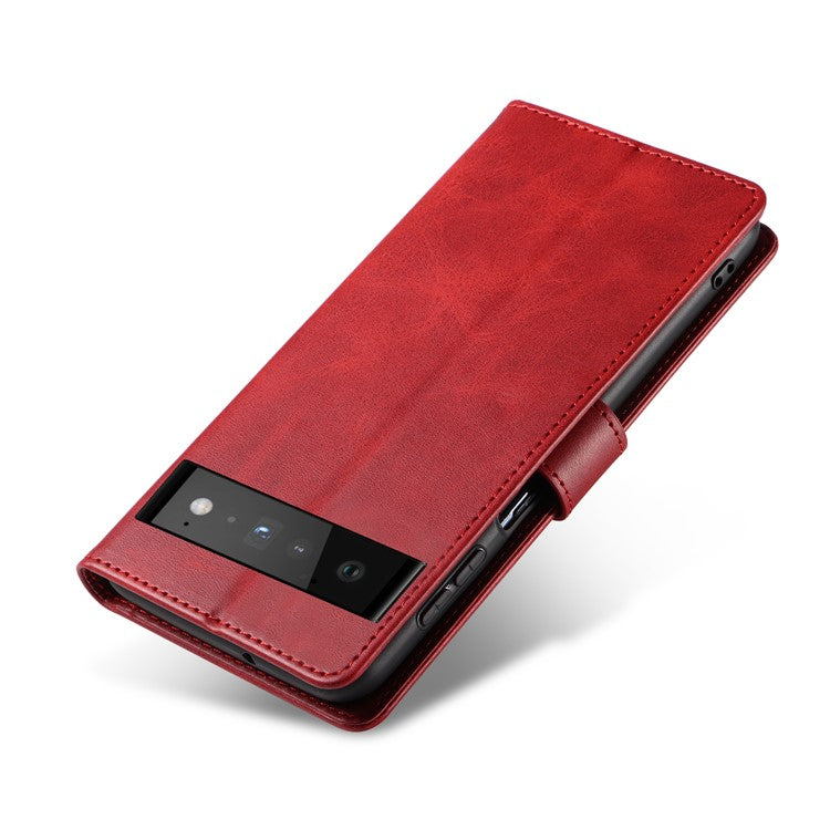 Folio Flip Magnetic Clasp Textured PU Leather + Soft TPU Phone Cover Case for Google Pixel 6 Pro - Red