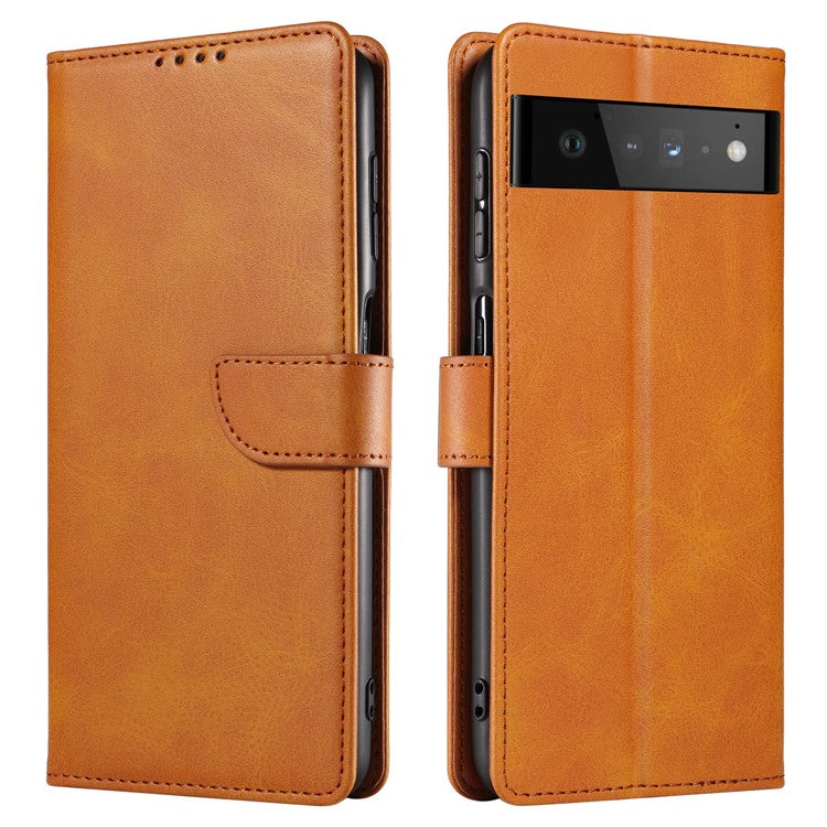 Folio Flip Magnetic Clasp Textured PU Leather + Soft TPU Phone Cover Case for Google Pixel 6 Pro - Light Brown