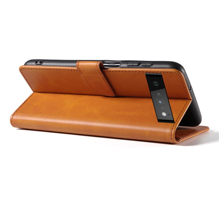 Folio Flip Magnetic Clasp Textured PU Leather + Soft TPU Phone Cover Case for Google Pixel 6 Pro - Light Brown