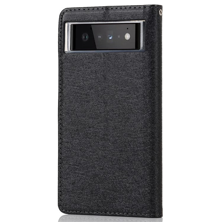 For Google Pixel 6 Anti-scratch Phone Case Anti-fall Shockproof Silk Texture Leather Wallet Cover with Strap - Black