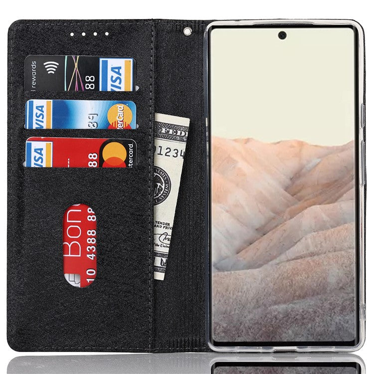 For Google Pixel 6 Anti-scratch Phone Case Anti-fall Shockproof Silk Texture Leather Wallet Cover with Strap - Black