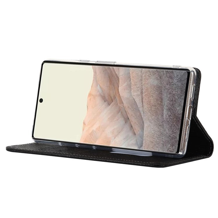 For Google Pixel 6 Anti-scratch Phone Case Anti-fall Shockproof Silk Texture Leather Wallet Cover with Strap - Black