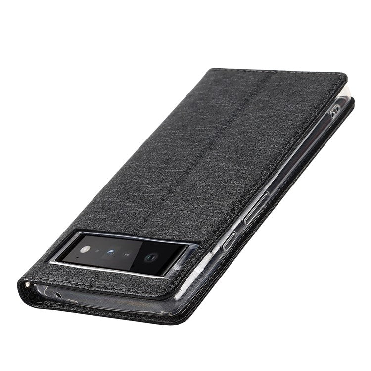For Google Pixel 6 Anti-scratch Phone Case Anti-fall Shockproof Silk Texture Leather Wallet Cover with Strap - Black