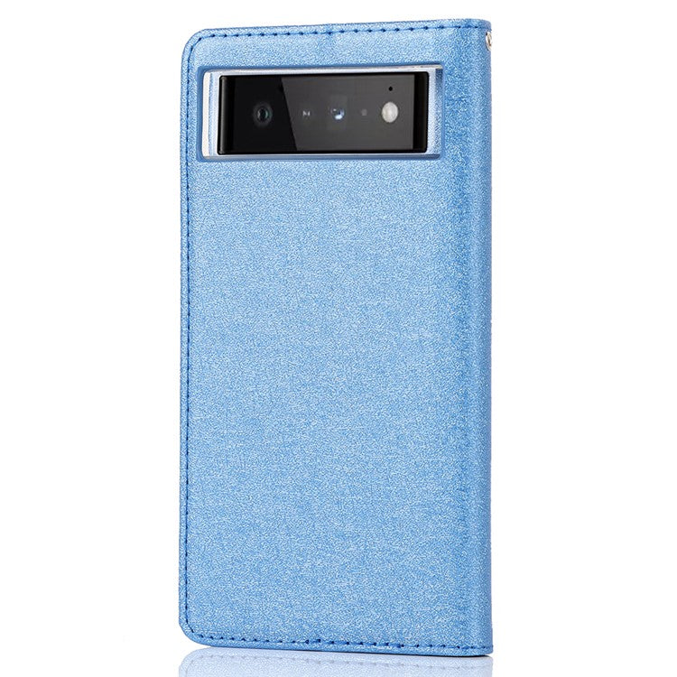 For Google Pixel 6 Anti-scratch Phone Case Anti-fall Shockproof Silk Texture Leather Wallet Cover with Strap - Blue